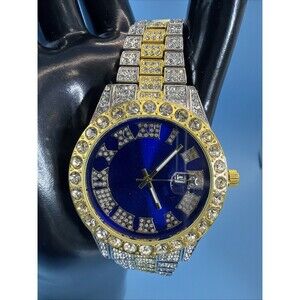 Men's Iced Luxury Blue Dial Bling Silver Tone Big Lab Crystal Bracelet Watch